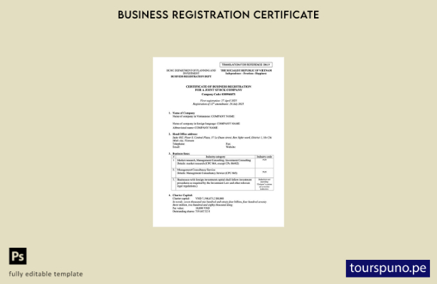 listo para imprimir Certificado de registro comercial de Vietnam Plantilla de pl